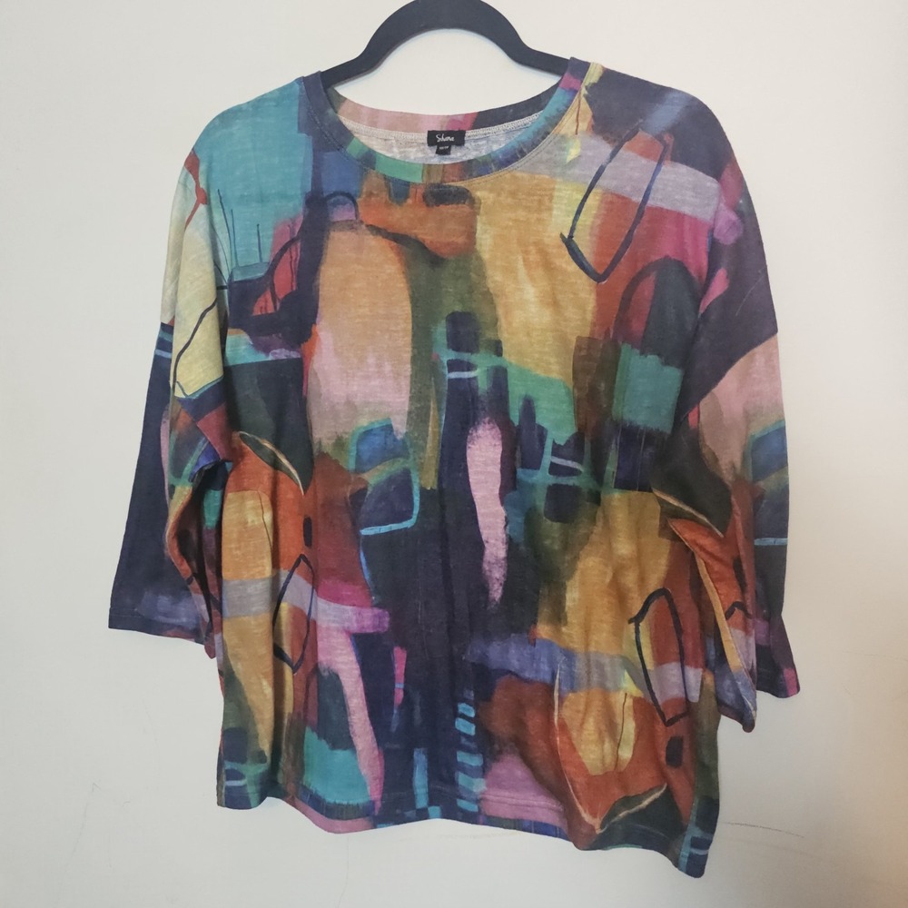 Shana Appareal Pink  and Yellow Graphic Blouse  Colorful Top Size XS Art To Wear